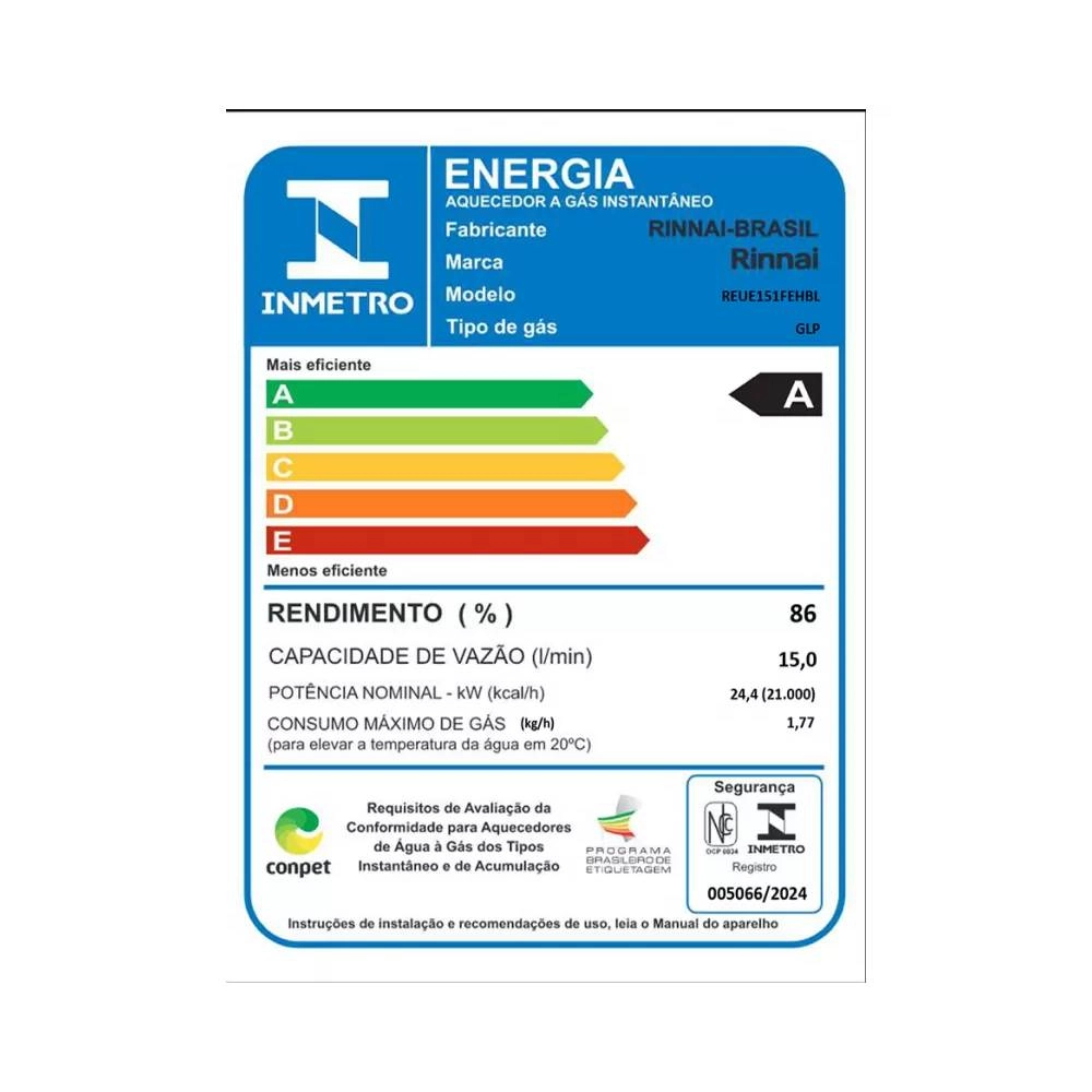 Aquecedor Rinnai REUE151 Branco 15LTS Eletronico GLP Aquecedor Rinnai REUE151 Branco 15LTS Eletronico GLP