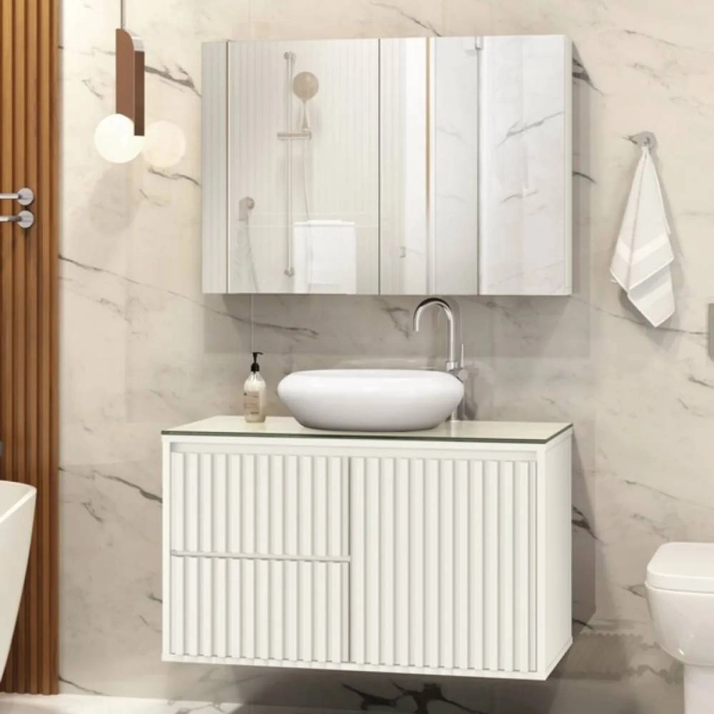 Astral Gabinete Ripado 80 C/tampo De Vidro - Branco