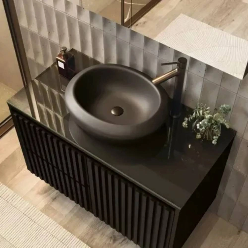Astral Gabinete Ripado 80 C/tampo De Vidro - Preto