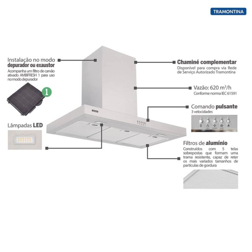 Coifa de Parede Tramontina New Dritta Wall 90 em Aço Inox 90 cm 220 V