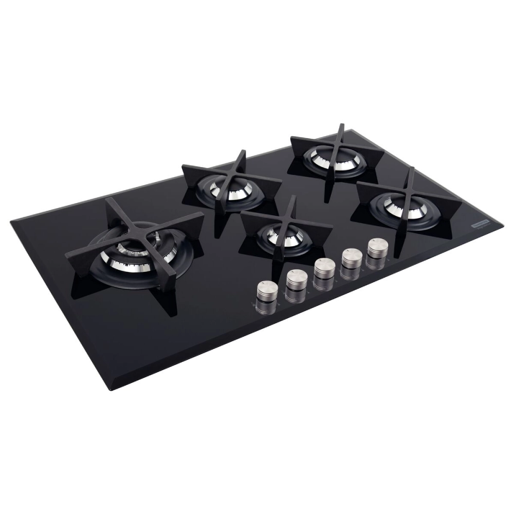 Cooktop a Gás Tramontina Design Collection Penta Glass Flat em Vidro Temperado e Trempes em Ferro Fundido com Acendimento Automático 5 Queimadores