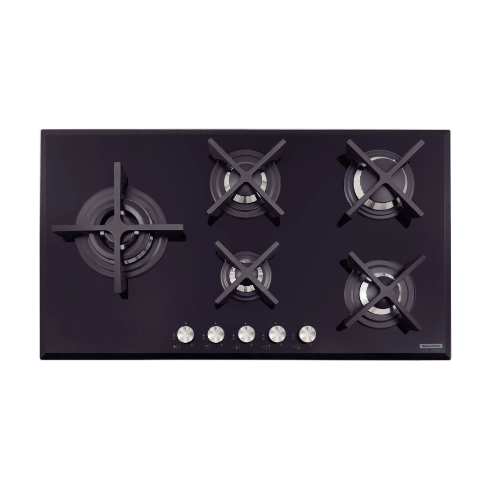 Cooktop a Gás Tramontina Design Collection Penta Glass Flat em Vidro Temperado e Trempes em Ferro Fundido com Acendimento Automático 5 Queimadores