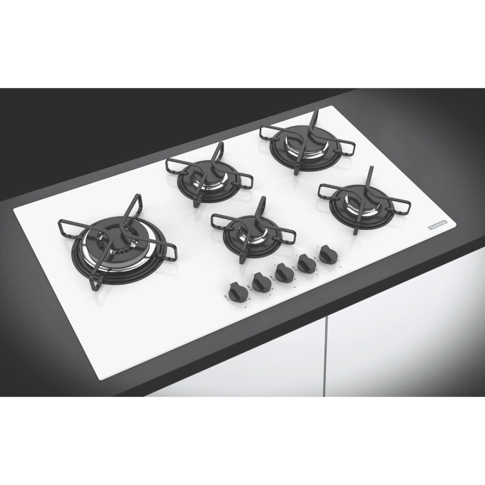 Cooktop a Gás Tramontina Penta Side Plus em Vidro Temperado Branco com Trempes em Aço Carbono e Acendimento superautomático e 5 Queimadores