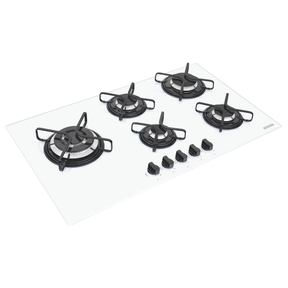 Cooktop a Gás Tramontina Penta Side Plus em Vidro Temperado Branco com Trempes em Aço Carbono e Acendimento superautomático e 5 Queimadores
