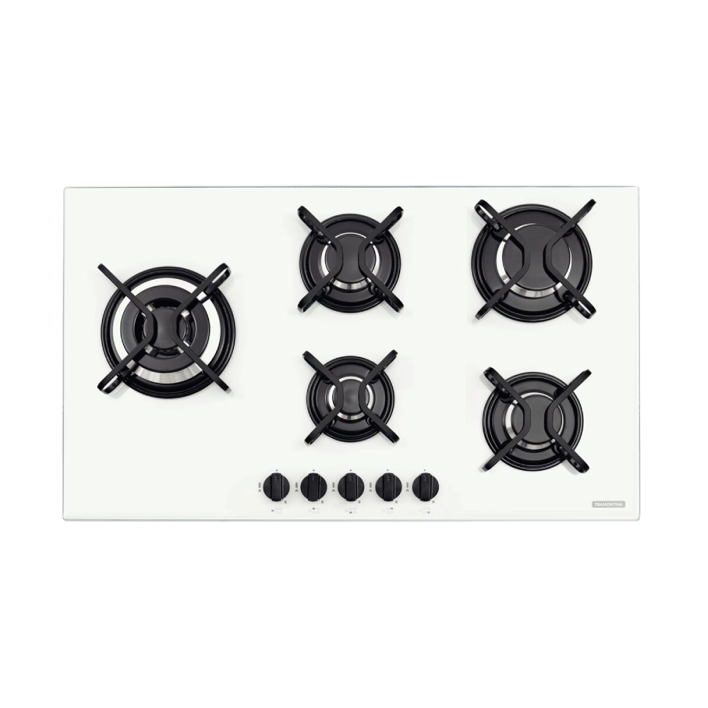 Cooktop a Gás Tramontina Penta Side Plus em Vidro Temperado Branco com Trempes em Aço Carbono e Acendimento superautomático e 5 Queimadores
