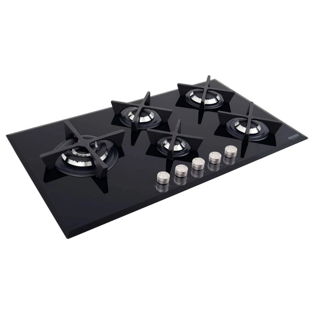 Cooktop a Gás Tramontina Design Collection Penta Glass Flat em Vidro Temperado e Trempes em Ferro Fundido com Acendimento Automático 5 Queimadores