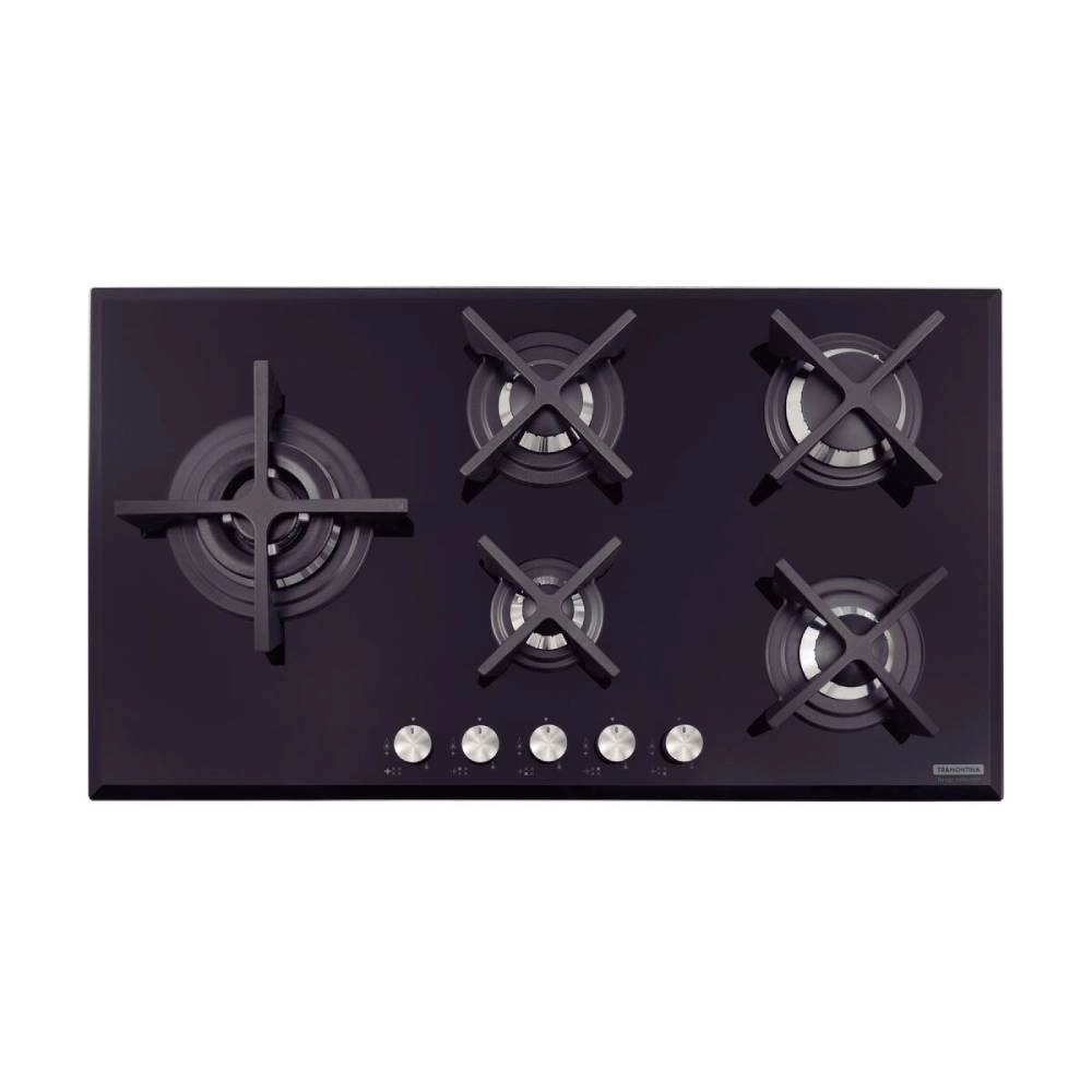 Cooktop a Gás Tramontina Design Collection Penta Glass Flat em Vidro Temperado e Trempes em Ferro Fundido com Acendimento Automático 5 Queimadores