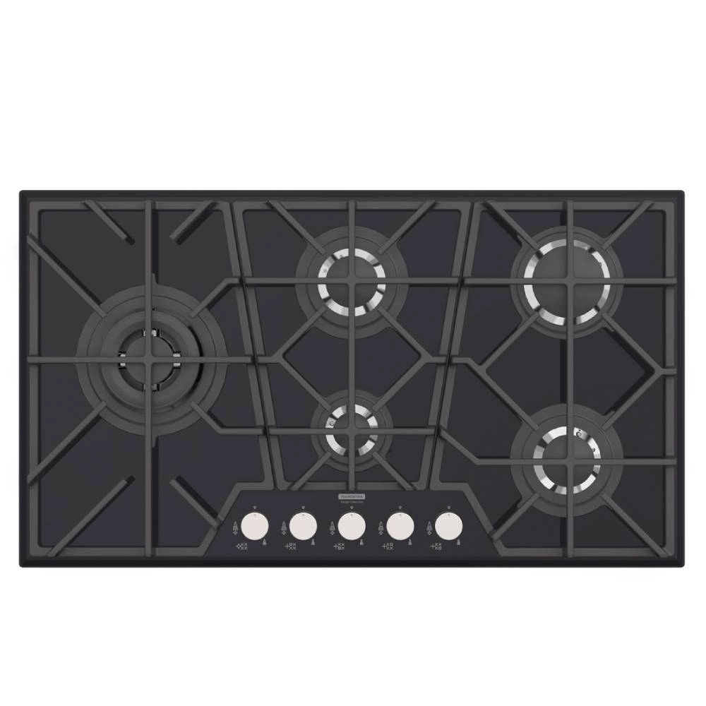 Cooktop a Gás Tramontina Design Collection Penta Glass Full 5 GG B 90 em Vidro Temperado e Trempes em Ferro Fundido