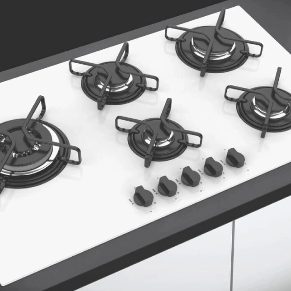 Cooktop a Gás Tramontina Penta Side Plus em Vidro Temperado Branco com Trempes em Aço Carbono e Acendimento superautomático e 5 Queimadores