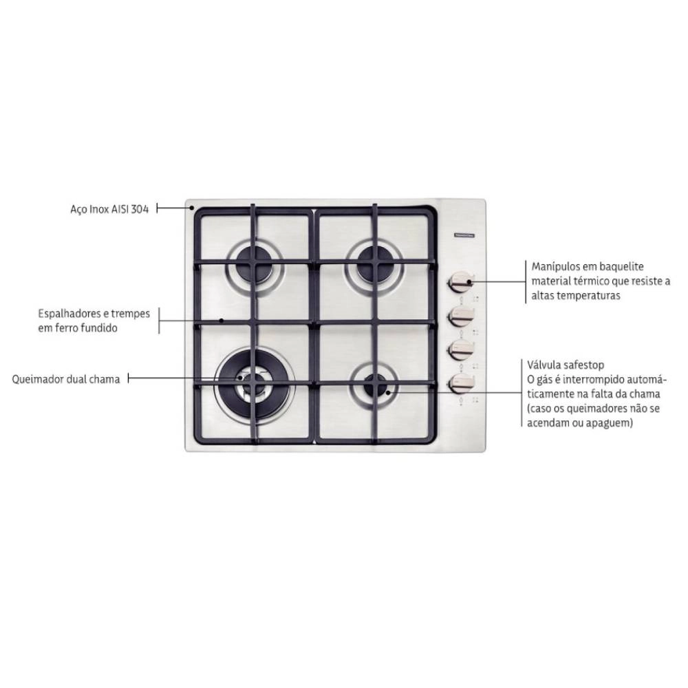 Cooktop a Gás Tramontina Square em Aço Inox com Trempes em Ferro Fundido e Acendimento Superautomático 4 Queimadores