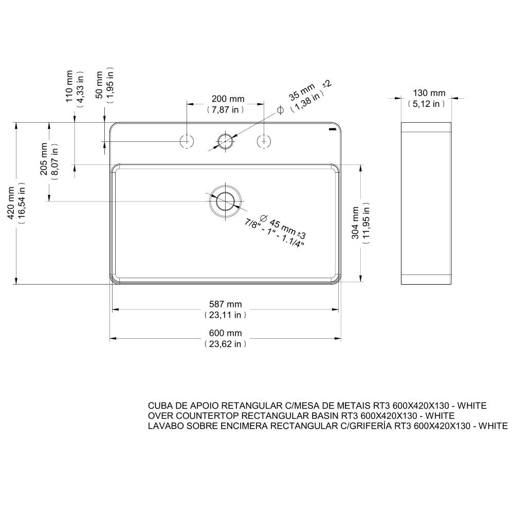 Cuba de apoio retangular 600x420x130  Docol 00971326