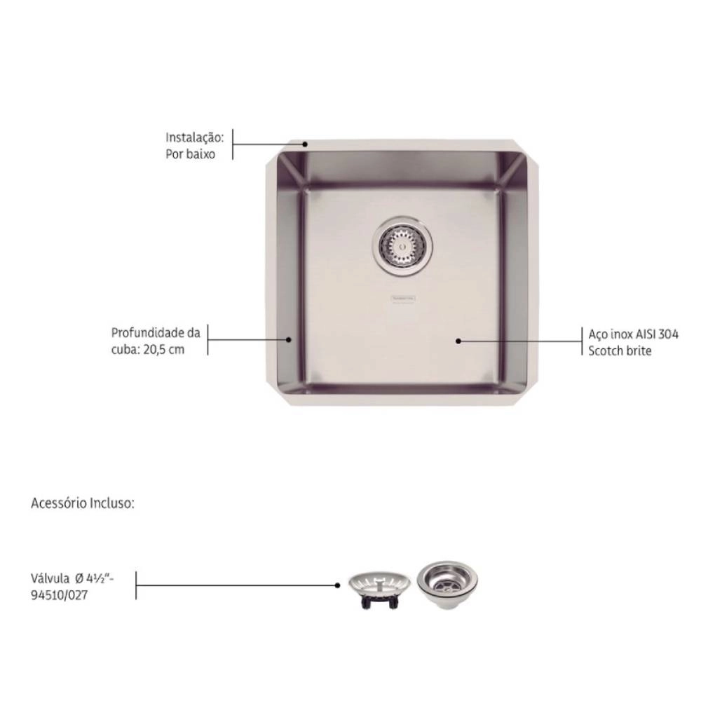 Cuba de embutir Tramontina Design Collection Quadrum 40 U em Aço Inox com Acabamento Acetinado 40x40 cm