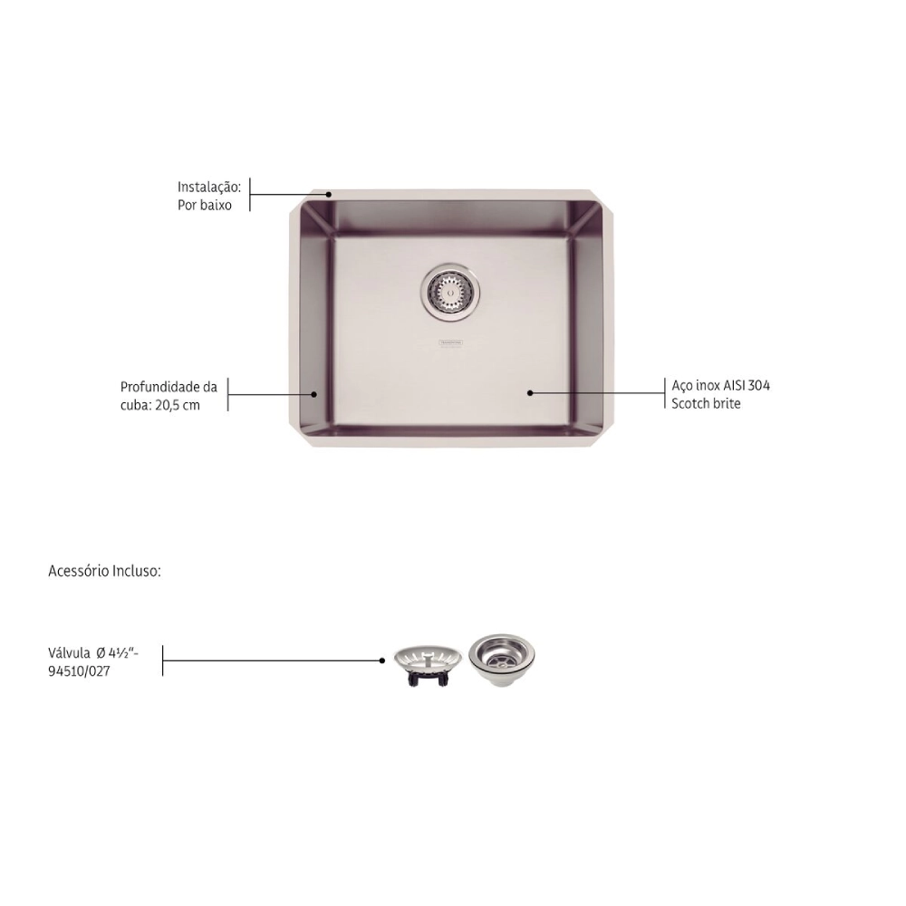 Cuba de embutir Tramontina Design Collection Quadrum Undermount em Aço Inox com Acabamento Acetinado 50 U 50X40 cm
