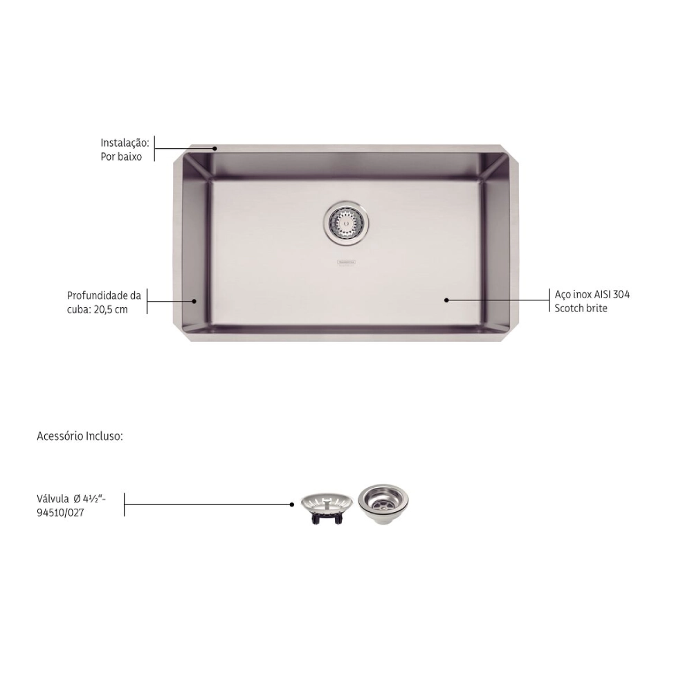 Cuba de embutir Tramontina Design Collection Quadrum Undermount em Aço Inox com Acabamento Acetinado 70 U 70x40 cm