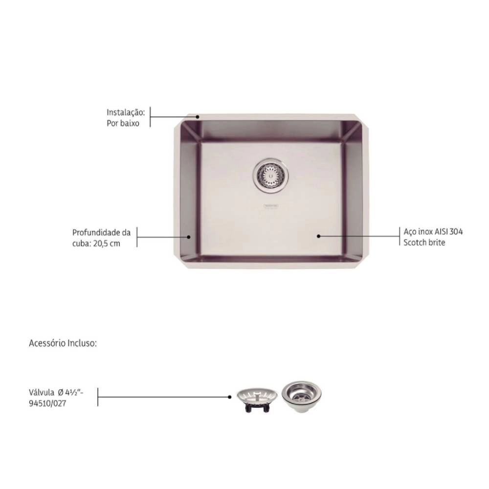 Cuba de embutir Tramontina Design Collection Quadrum Undermount em Aço Inox com Acabamento Acetinado 50 U 50X40 cm