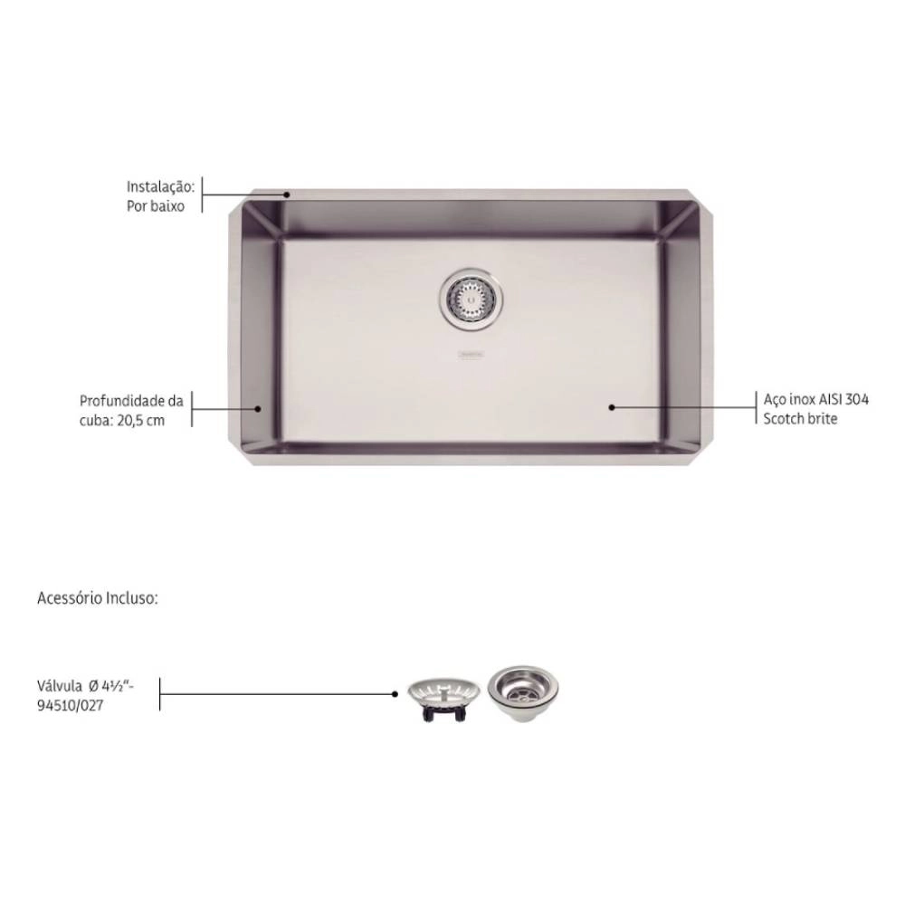 Cuba de embutir Tramontina Design Collection Quadrum Undermount em Aço Inox com Acabamento Acetinado 70 U 70x40 cm