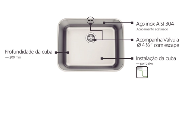 Cuba de Embutir Tramontina Dora 50 BL R6 em Aço Inox Escovado com Válvula e escape 50x40 cm