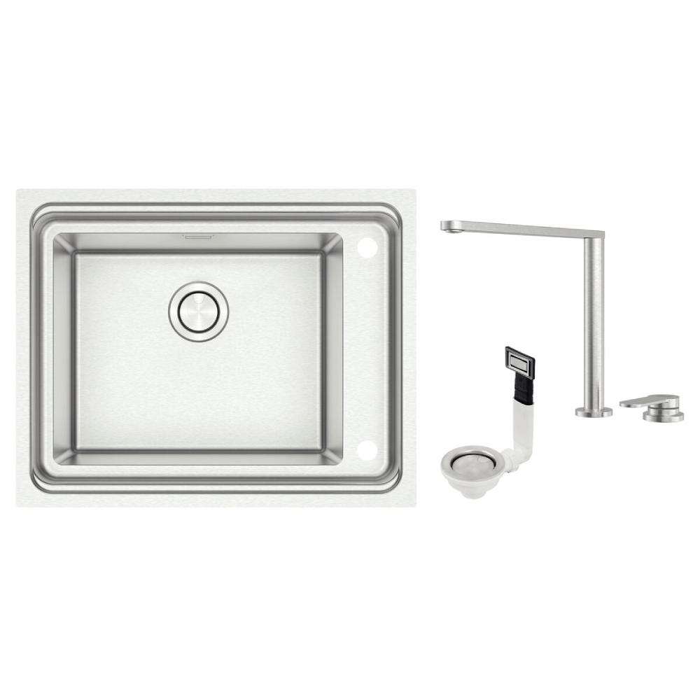 Cuba de Sobrepor Tramontina Design Collection Workstation Quadrum Deep 50 em Aço Inox com Válvula Ø 4 1/2" com escape e Monocomando Hidden