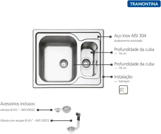 Cuba de Sobrepor Tramontina Marea 1.5C 34 em Aço Inox com Acabamento Escovado 62 x 50 cm com Válvula