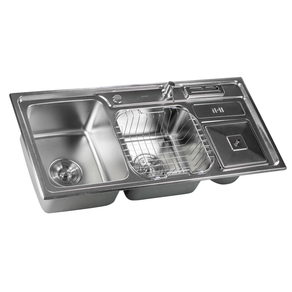 Cuba Inox  Movel Dupla Noronha para Cozinha 91×43 Aço Escovado C/Dosador+ Cesto + Válvula