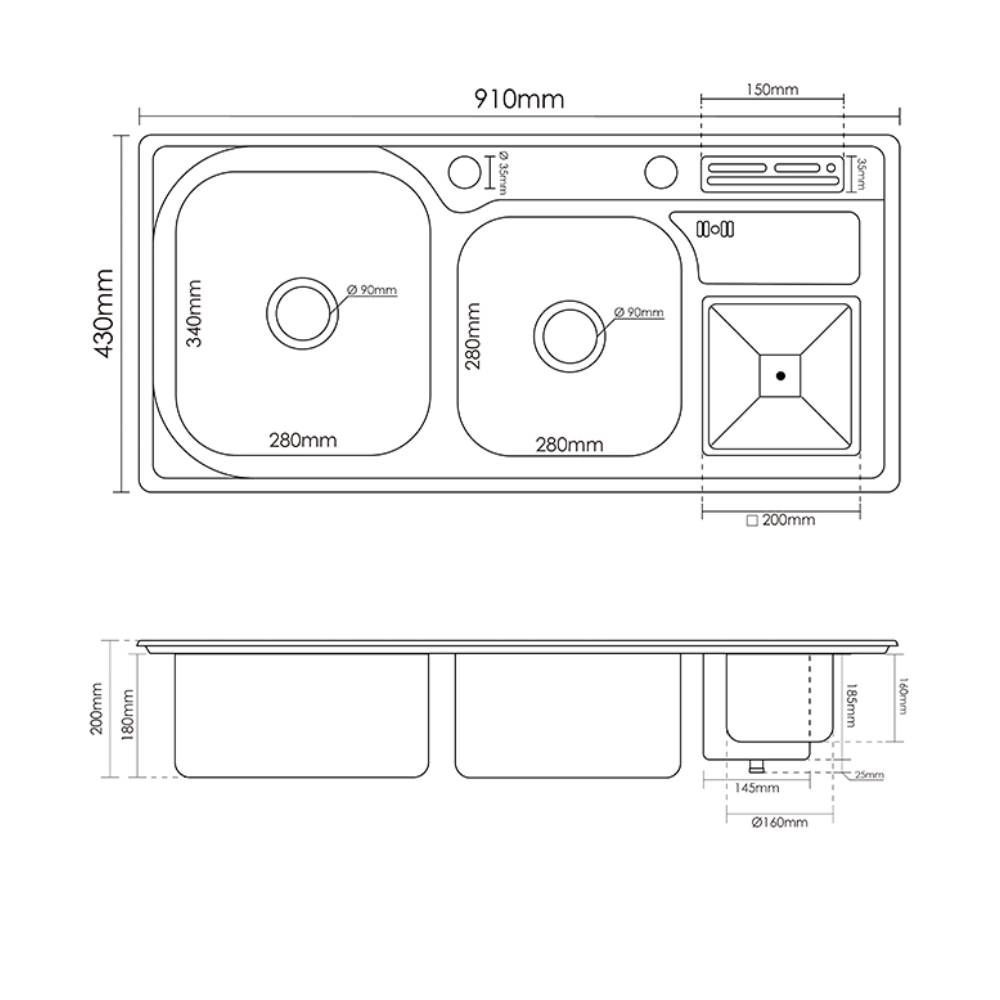 Cuba Inox  Movel Dupla Noronha para Cozinha 91×43 Aço Escovado C/Dosador+ Cesto + Válvula