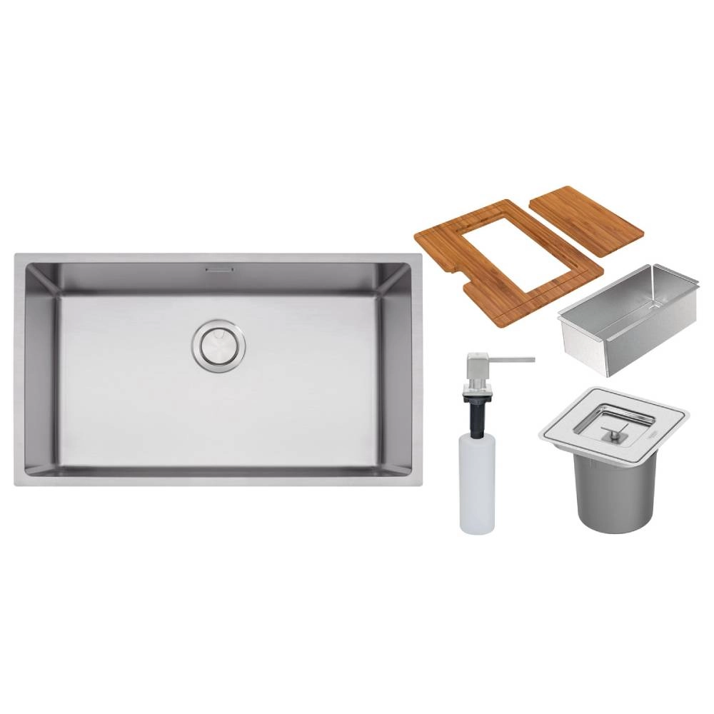 Cuba Tramontina Design Collection Quadrum 70 em Aço Inox com Dosador de Sabão, Tábua, Cesto coador e Lixeira quadrada de embutir