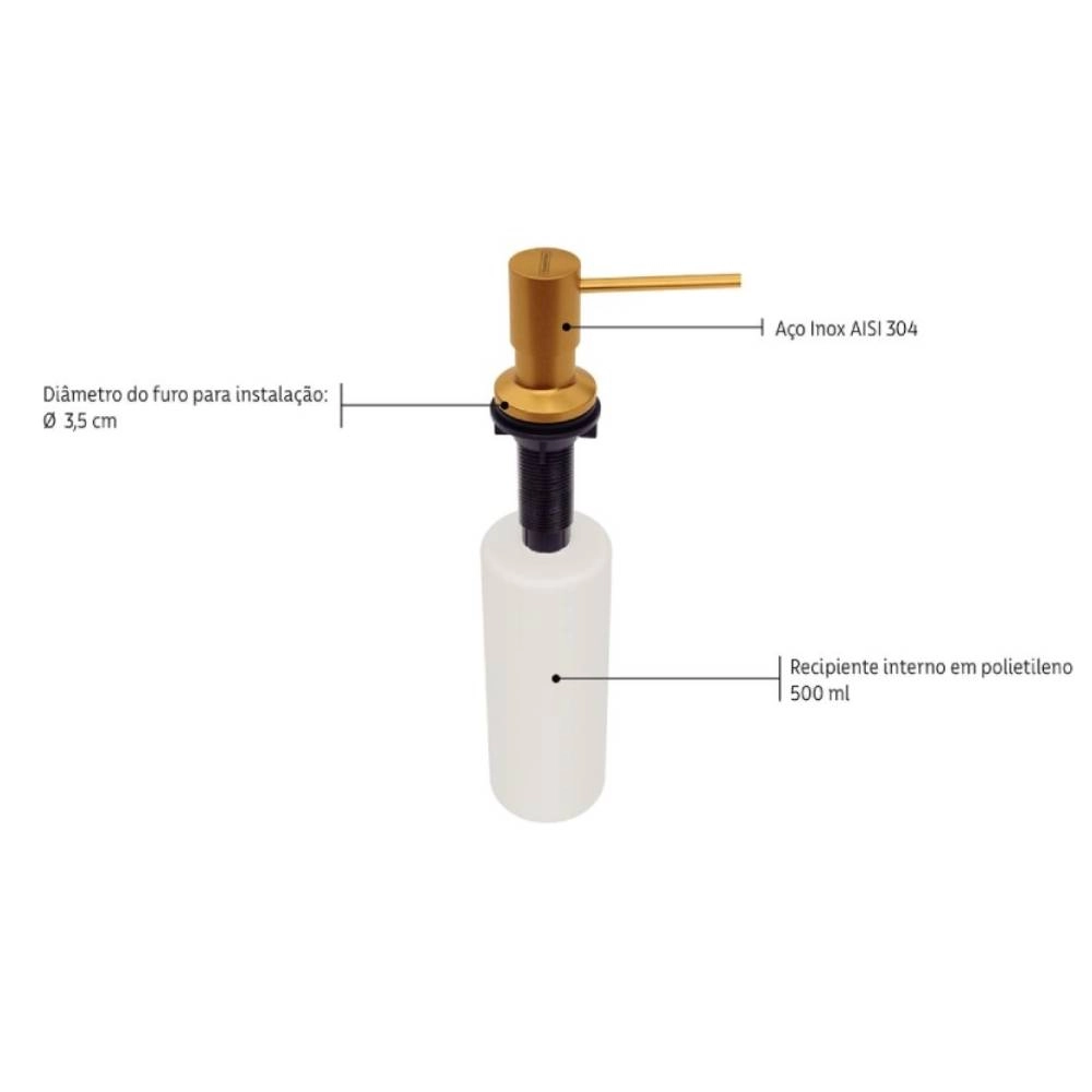 Dosador de Sabão Tramontina em Aço inox Gold com Recipiente Plástico 500 ml com revestimento PVD