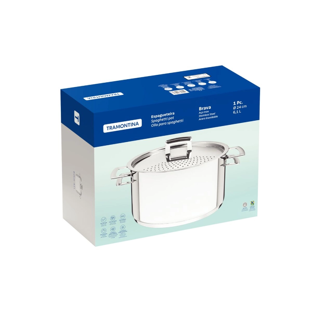 Espagueteira Tramontina Brava em Aço inox com Fundo Triplo Tampa e Alças 24 cm 6,1 L