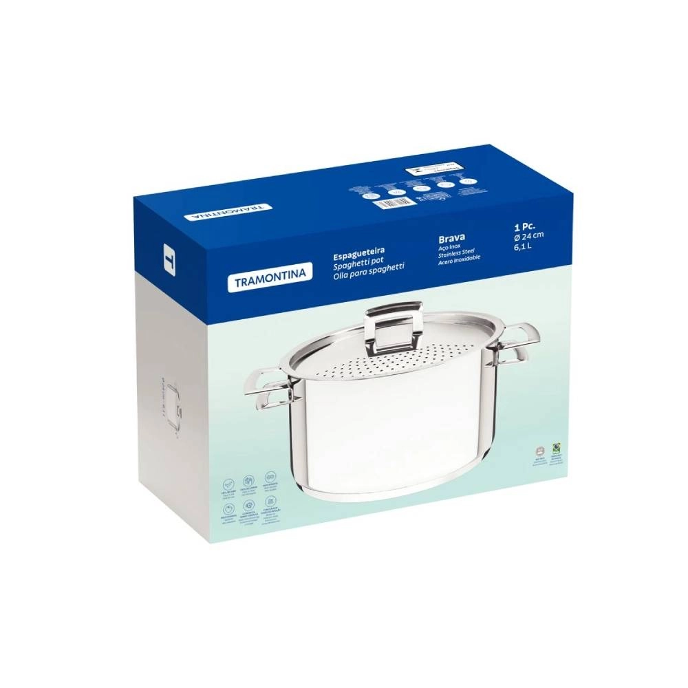 Espagueteira Tramontina Brava em Aço inox com Fundo Triplo Tampa e Alças 24 cm 6,1 L