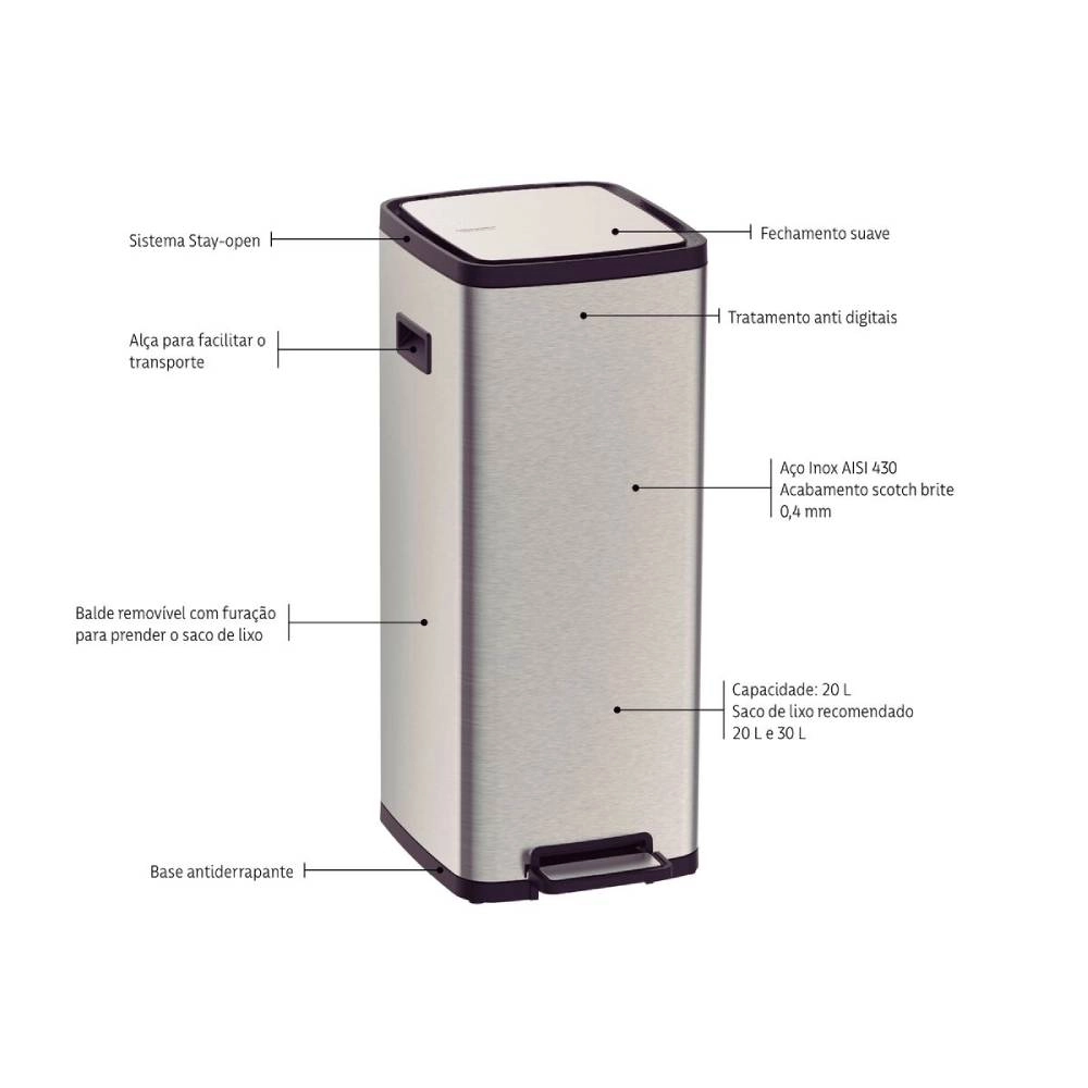 Lixeira Tramontina Octos em Aço Inox com Balde Removível e Pedal 20 L