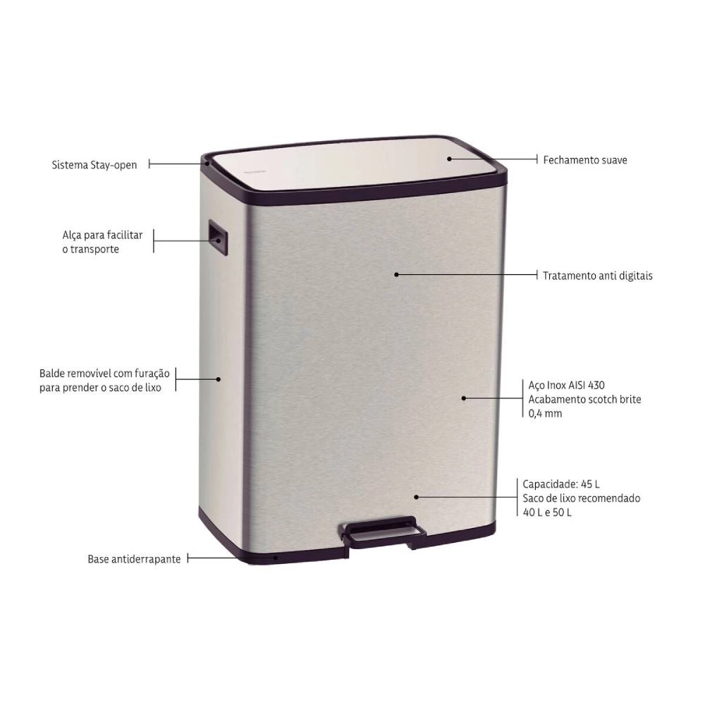 Lixeira Tramontina Octos em Aço Inox com Balde Removível e Pedal 45 L