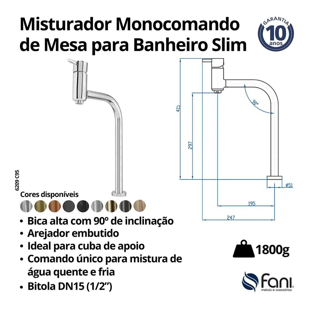 Monocomando de Mesa, Bica Alta Slim Fani 6209 C95 Monocomando de Mesa, Bica Alta Slim Fani 6209 C95