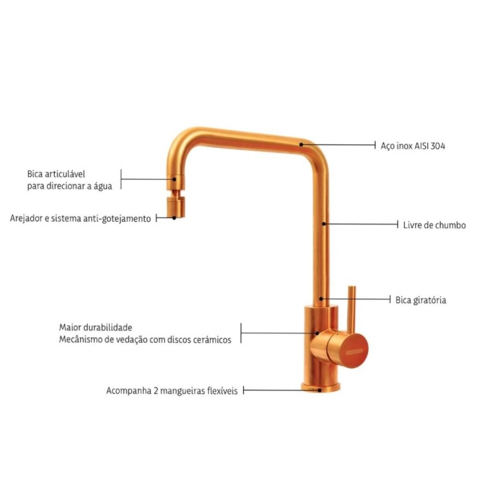 Monocomando Tramontina Angolare em Aço Inox Gold com Bica Articulada com revestimento PVD