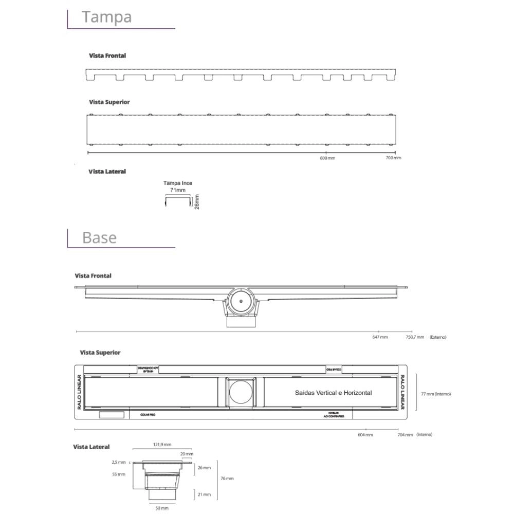 Ralo Linear 260 Elleve - Smart Tampa Inox 60 cm S/Sifão 