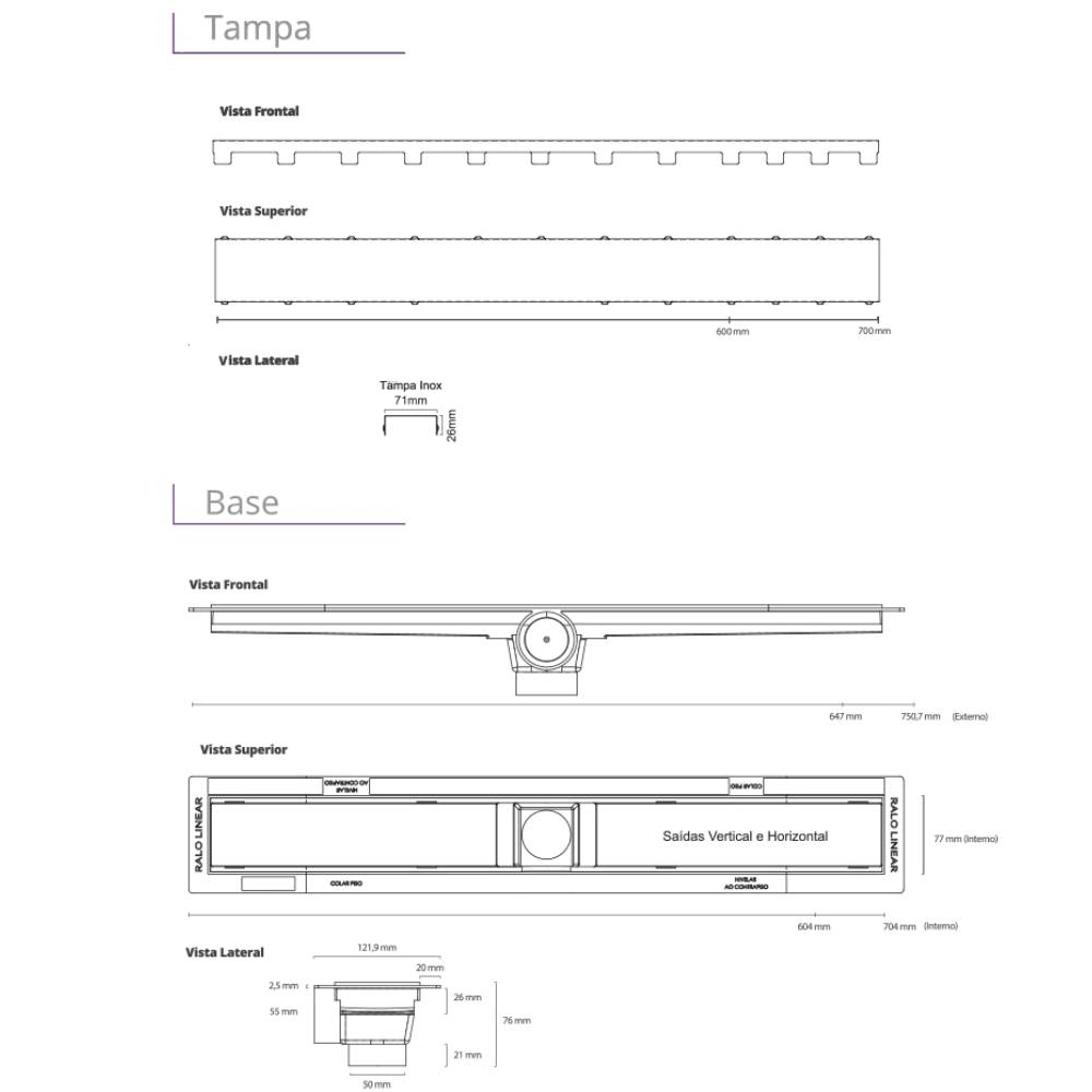 Ralo Linear 261 Elleve - Smart Tampa Inox 70 cm S/Sifão