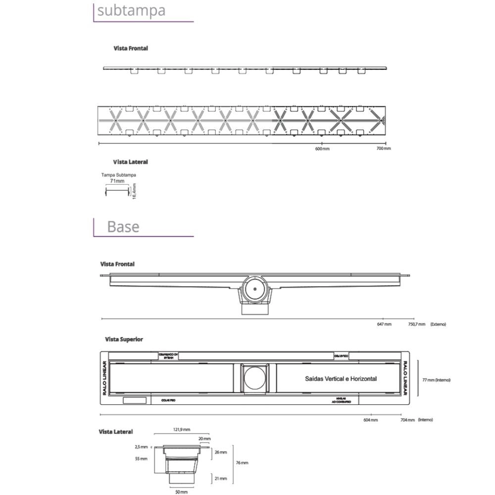 Ralo Linear 262 Elleve - Smart Tampa Oculta 60cm S/Sifão