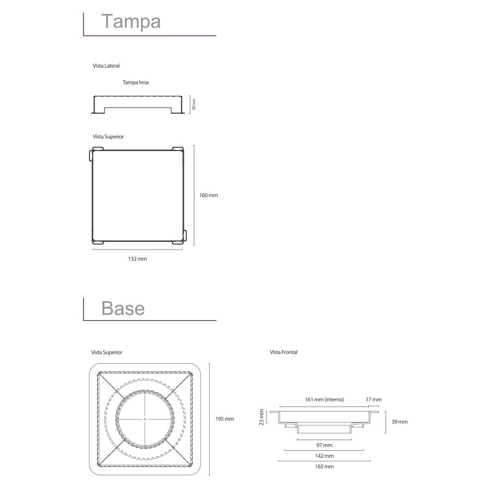 Ralo Linear 4242  Elleve Tampa Inox Polido 15 cm x 15 cm Square 