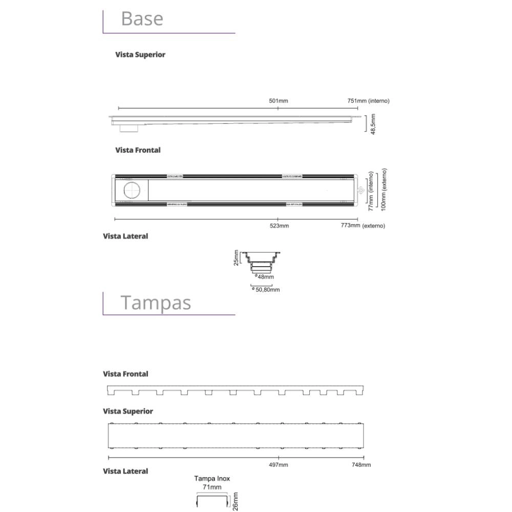Ralo Linear 4252 Tampa Inox 50 cm Saída Extremidade Versatile 