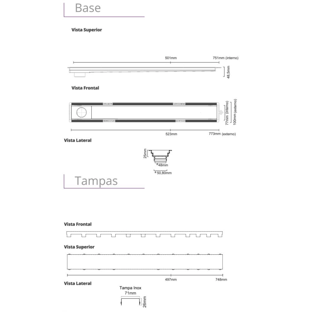 Ralo Linear Inox 75 cm Saída Extremidade Inox Polido 4258 