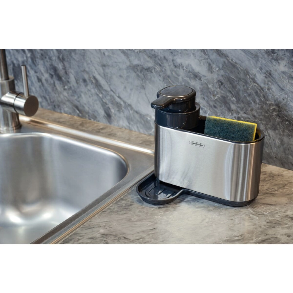 Suporte de Esponja Tramontina com Dosador de Sabão em Plástico ABS e Aço Inox