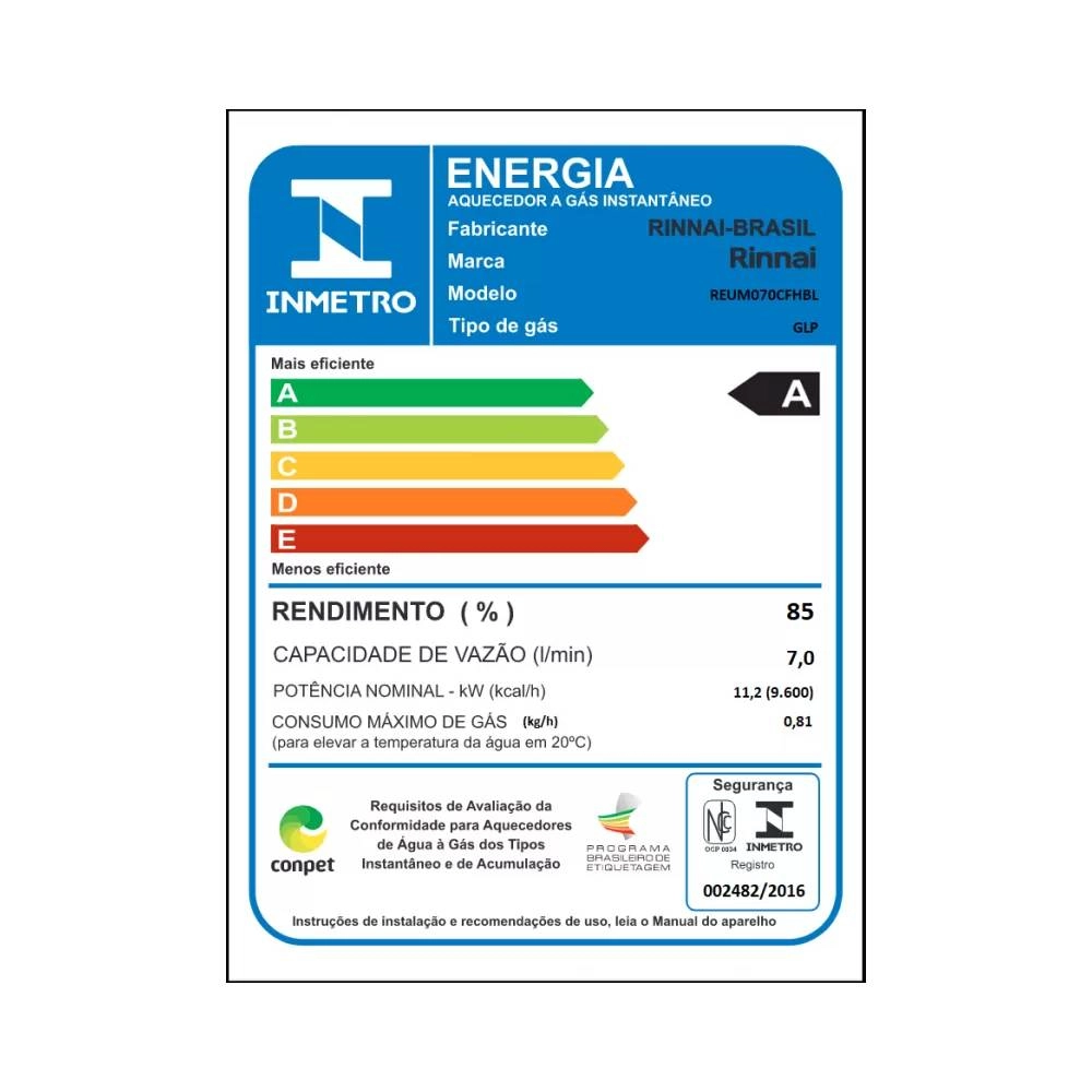 Aquecedor Rinnai a Gás REUM070 BRANCO 7LTS Mecanico GLP 
