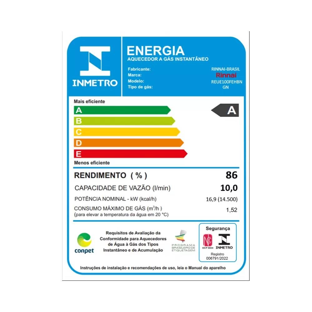 Aquecedor Rinnai REUE100 Branco 10LTS Eletronico Bivolt GN