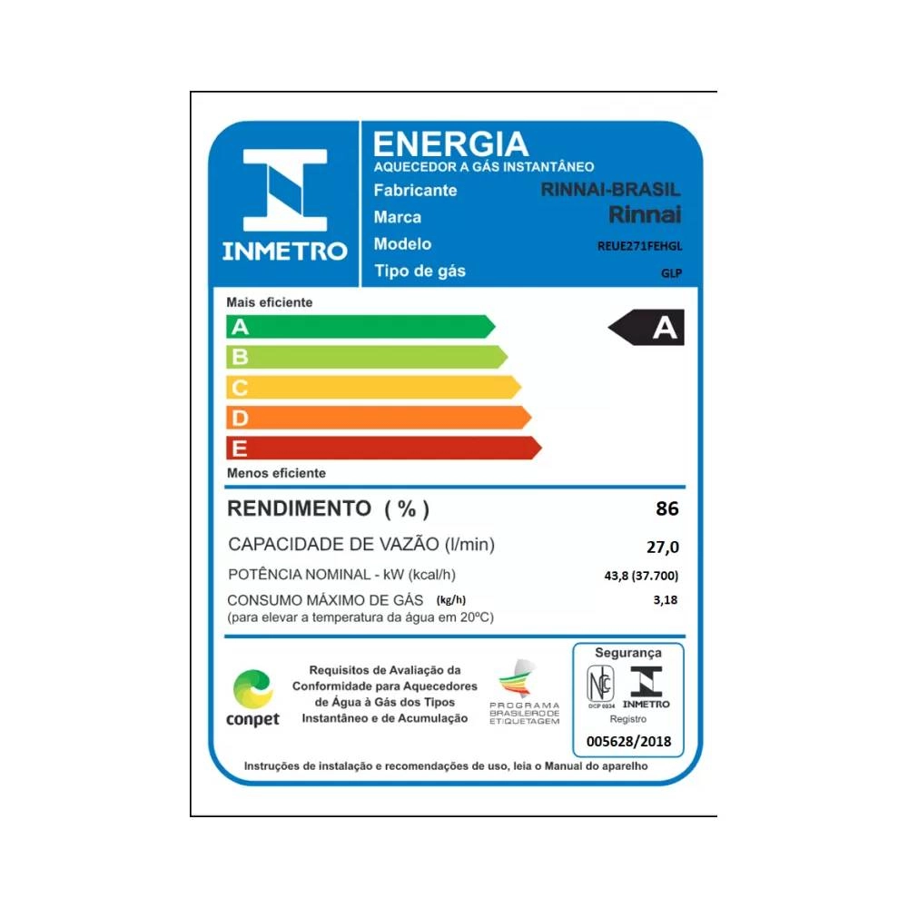 Aquecedor Rinnai REUE271 Branco 27LTS Eletronico Bivolt GLP