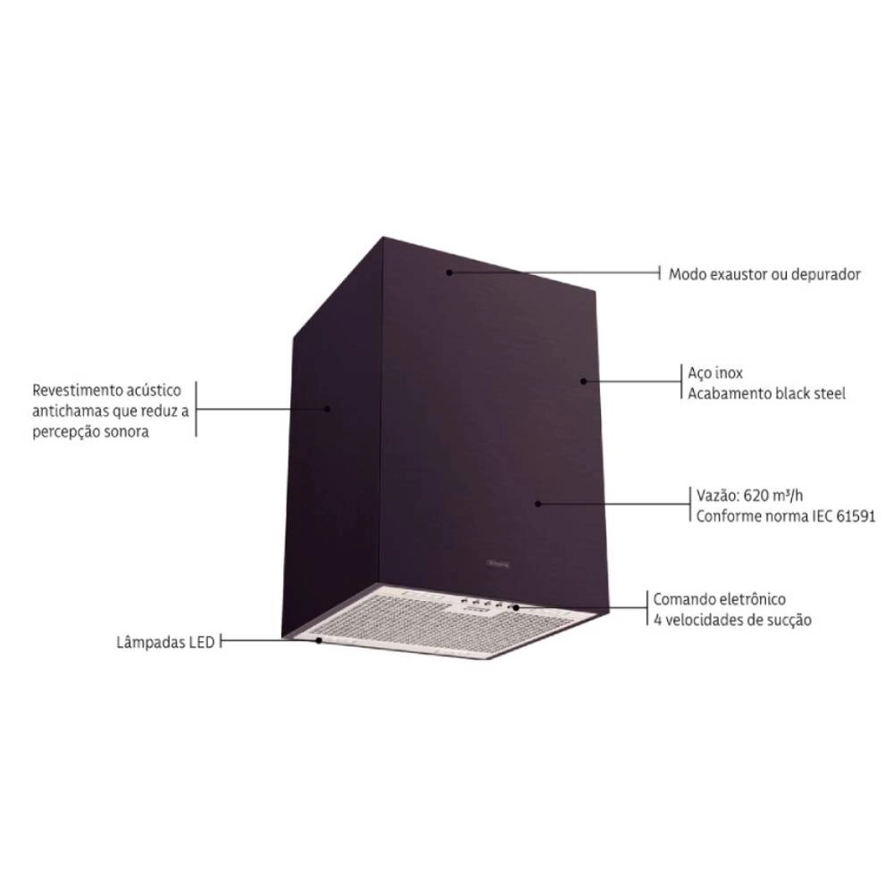 Coifa de Ilha Tramontina Square Isla 40 Silent em Aço Inox Black Steel e tratamento anti digitais 40 cm 220 V