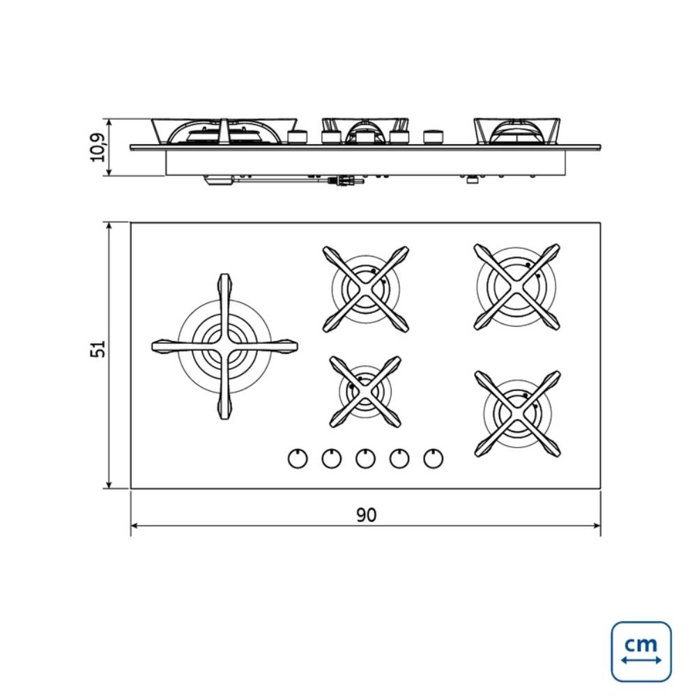 Cooktop a Gás Tramontina Design Collection Penta Glass Flat em Vidro Temperado e Trempes em Ferro Fundido com Acendimento Automático 5 Queimadores