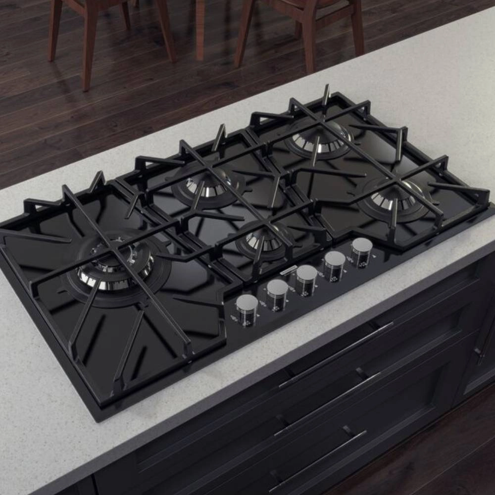 Cooktop a Gás Tramontina Design Collection Penta Glass Full 5 GG B 90 em Vidro Temperado e Trempes em Ferro Fundido