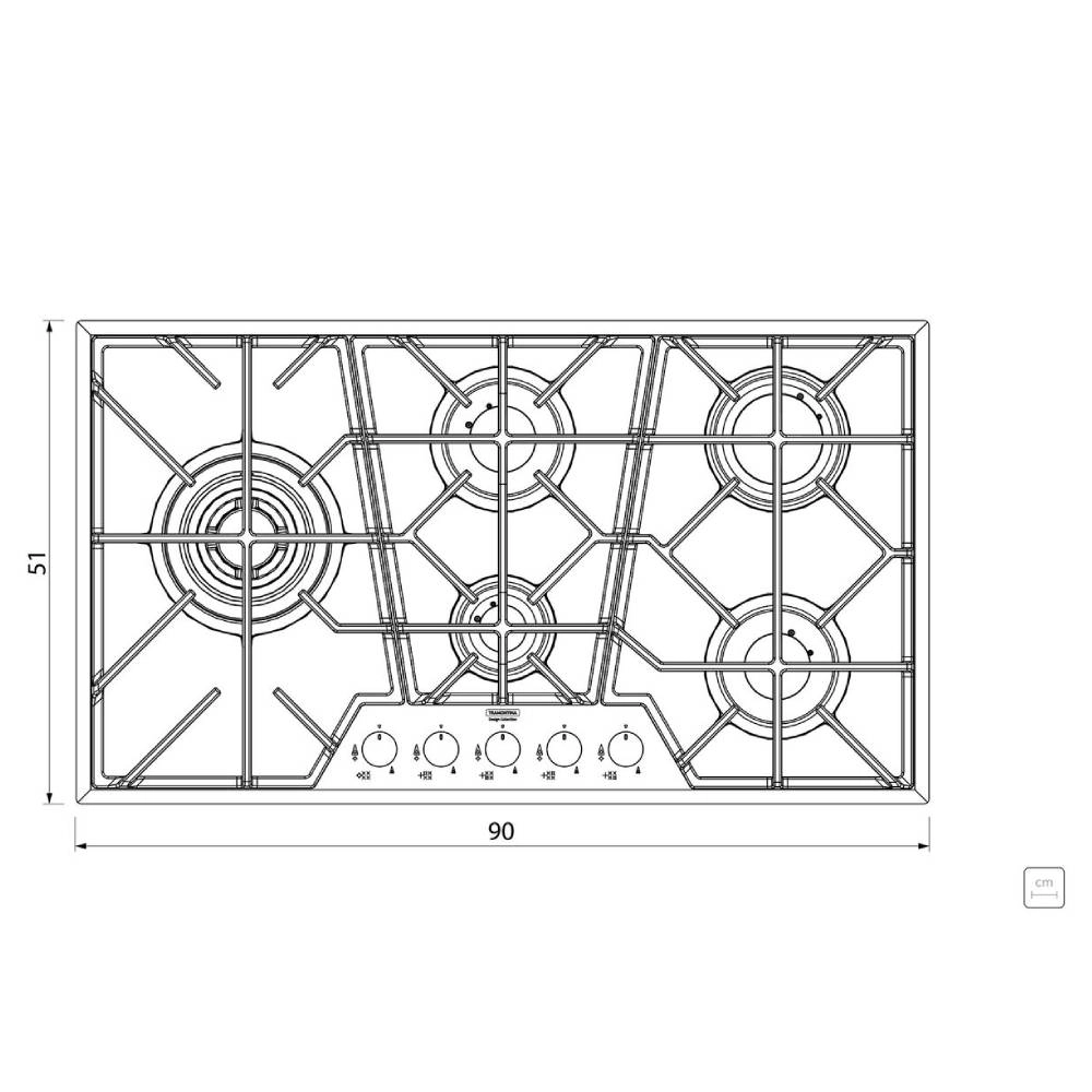 Cooktop a Gás Tramontina Design Collection Penta Glass Full 5 GG B 90 em Vidro Temperado e Trempes em Ferro Fundido