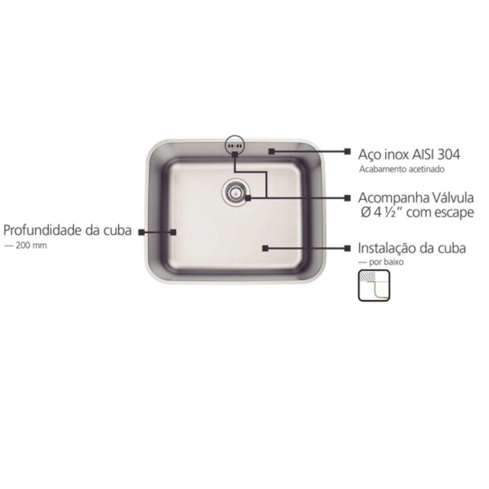Cuba de Embutir Tramontina Dora 50 BL R6 em Aço Inox Escovado com Válvula e escape 50x40 cm