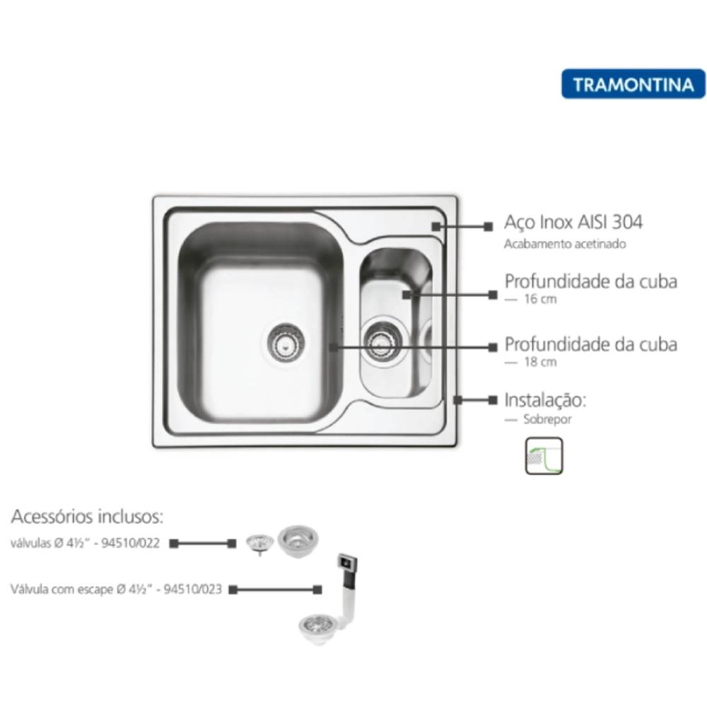 Cuba de Sobrepor Tramontina Marea 1.5C 34 em Aço Inox com Acabamento Escovado 62 x 50 cm com Válvula Cuba de Sobrepor Tramontina Marea 1.5C 34 em Aço Inox com Acabamento Escovado 62 x 50 cm com Válvula