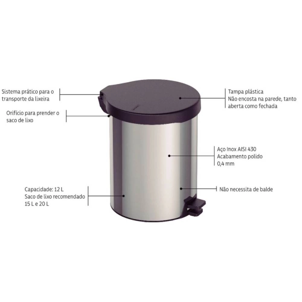 Lixeira com Pedal Tramontina New em Aço Inox com Acabamento Polido 12 L